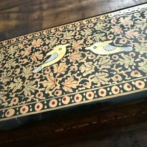Leaf and Bird Motif Papier Mache and Wood Decorative Box Unique Handcrafted